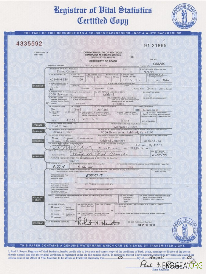 Modèle de certificat de décès de l'État du Kentucky aux États Unis au format PSD